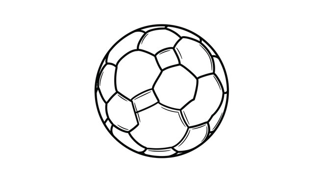 A simple black and white line drawing depicts a classic soccer ball with pentagonal and hexagonal panels