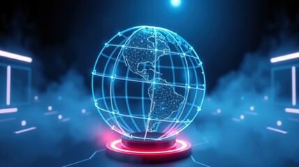 Obraz premium Glowing globe sits atop pedestal. Blue lines connect points across continents. Dark background with neon accents creates futuristic scene.