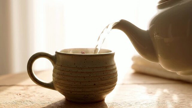 Hand Reaching for Tea Bag in Rustic Mug with Natural Light Background