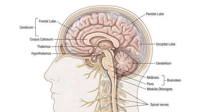 Sagittal illustration of the human head and brain showing frontal, parietal and occipital lobes, corpus callosum, thalamus, hypothalamus, brainstem, cerebellum and cranial nerves extending to spinal n