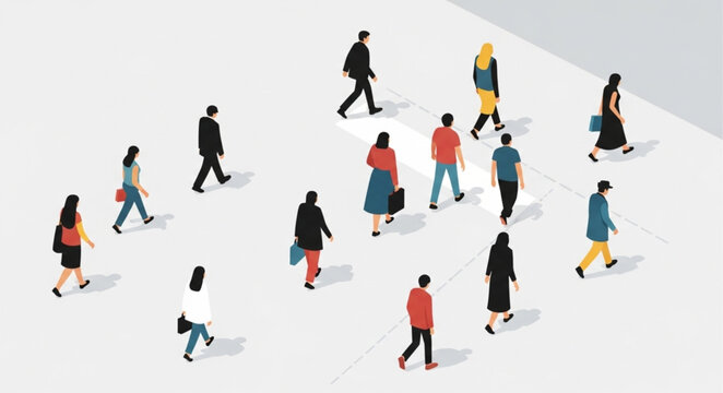 Diverse group of people walking in different directions.