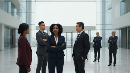 Fototapeta premium Confident Diverse Professionals Networking in Modern Office Environment, Corporate Culture and Teamwork