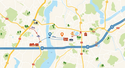 Naklejka premium urban travel route planning with landmarks and public transport map illustration
