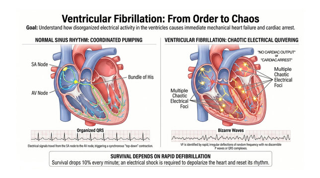 Ventricular Fibrillation: From Order to Chaos - Normal Sinus Rhythm vs Chaotic Electrical Quivering Medical Infographic
