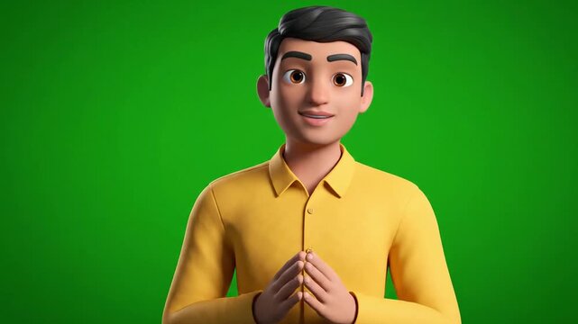 A simple and clean 3D animated male avatar in a yellow shirt, presented on a green screen background. Great for presentations, explainer videos, or corporate animations.