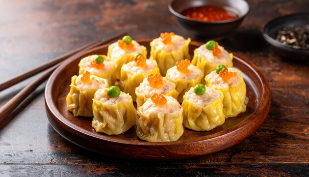 A delicious platter of plump siu mai dumplings topped with delicate crab roe and a single green pea, ready to be served.