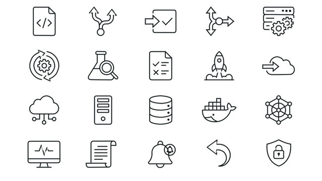DevOps CI/CD Pipeline Line Icon Set for Software Development Automation and Deployment Workflow