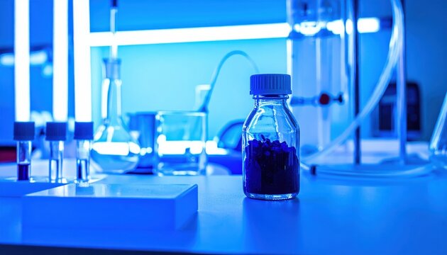 A sealed vial of deep purple iodine crystals sits on a laboratory table next to various scientific apparatus, illuminated by blue light.
