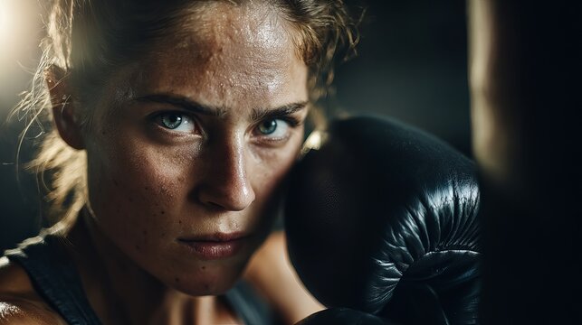 A determined woman wearing boxing gloves looks intense in a dark gym setting after a workout