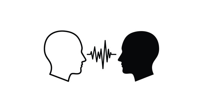 This graphic depicts two human head profiles facing each other connected by a sound wave illustration high quality