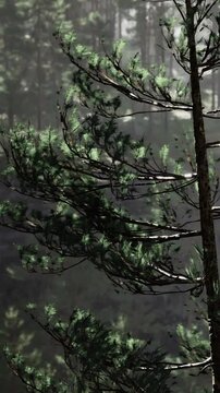 Fog covers a rocky cliff in a forest. Trees grow along the edge, and the atmosphere is damp and cool. Leaves catch the light as the sun rises over the landscape.