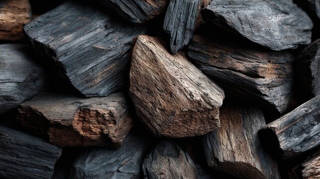 Close Up Macro Shot of Natural Charred Wood Coal Pieces