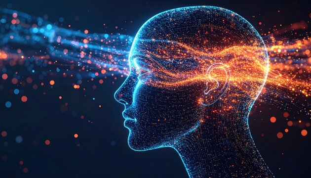 Abstract digital human head with glowing data streams flowing outwards representing artificial intelligence and technology