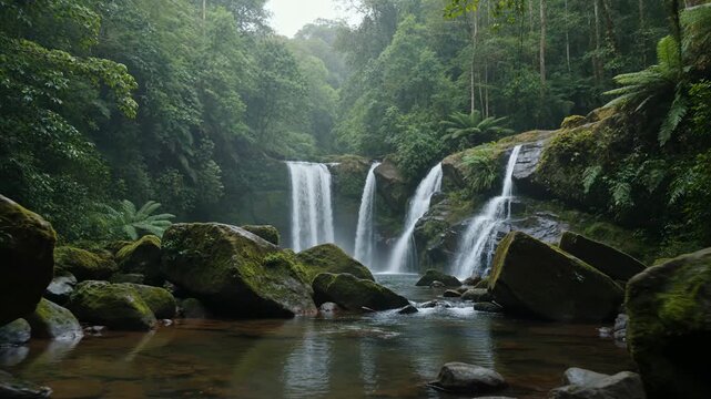 Multiple cascading waterfalls flowing into a tranquil jungle pool surrounded by moss-covered boulders and lush tropical rainforest, serene nature scenery for travel and wellness