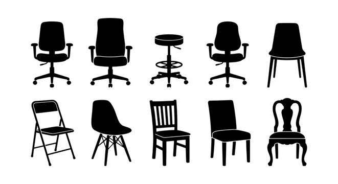 Office chair silhouette set, 10 furniture icons, modern seating vector collection