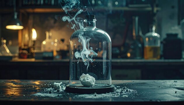 Chemical reaction unfolding inside a laboratory bell jar with billowing smoke emanating from a solid substance on a dark surface