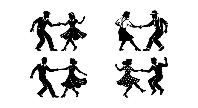 Vintage swing dance silhouettes, retro 1950s rockabilly dancers, vector set