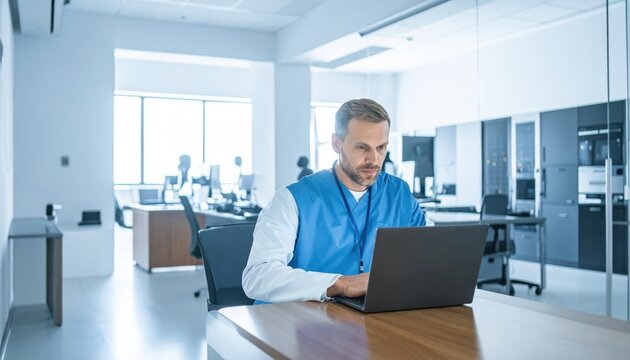 Medical professional utilizing a modern laptop in an office setting, focused on technology development and healthcare data analysis.
