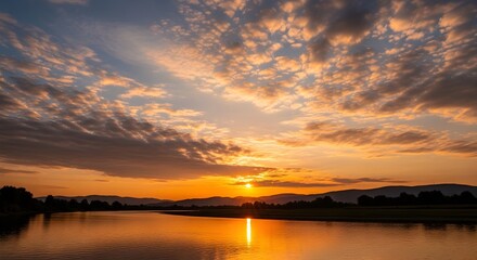 Obraz premium Sunset over a calm lake with scattered clouds reflecting warm colors