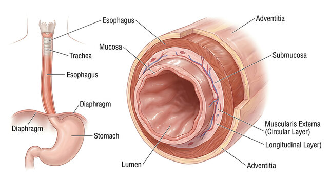 Anatomical cross‑section of the esophagus showing folded mucosa, submucosa, circular and longitudinal layers of muscularis externa and outer adventitia, alongside simplified outline from pharynx to st