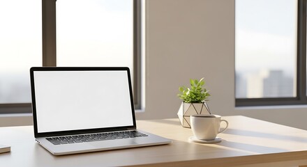 Fototapeta premium Modern laptop with blank screen, green plant, and coffee cup on wooden desk, creating a clean, productive workspace.