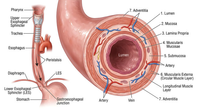 Cross‑section of the esophagus with surrounding diagram of swallowing pathway, labeling mucosa, submucosa, muscularis mucosae, circular and longitudinal muscle layers, adventitia, arteries and veins t