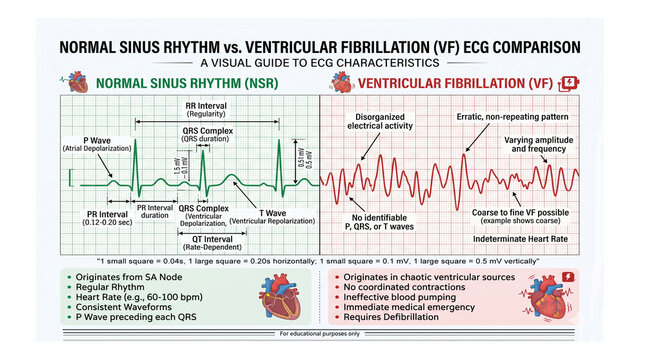 Normal Sinus Rhythm vs Ventricular Fibrillation  - Visual Guide to ECG Characteristics