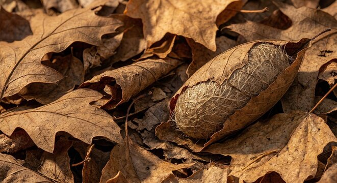 Silk cocoon of a giant silk moth hidden among dry autumn oak leaves