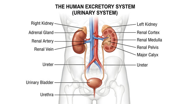 Diagram of the human excretory (urinary) system on body outline showing right and left kidneys with cortex and medulla, renal artery and vein, ureters descending to urinary bladder and urethra to expl
