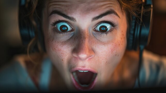 A shocked woman wearing headphones looks surprised and frightened while staring at a screen with a terrified expression on her face.