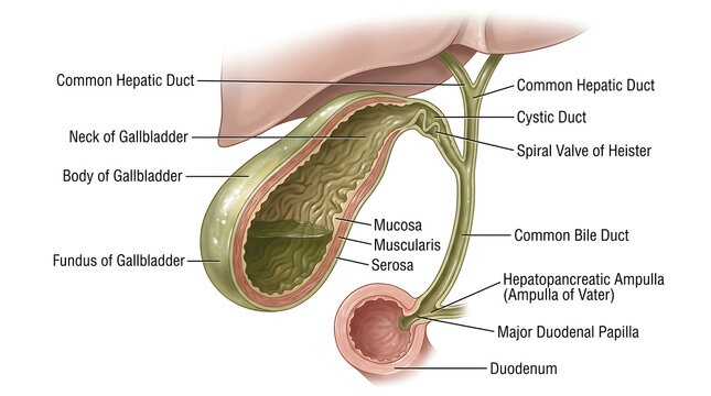 Anatomy of the gallbladder and biliary tree showing fundus, body and neck of gallbladder, mucosa and serosa, cystic duct with spiral valves, common hepatic duct, common bile duct and hepatopancreatic 