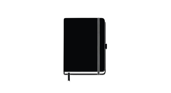 A stark isolated image depicts a closed black notebook with a silver spine and bookmark ribbon high quality
