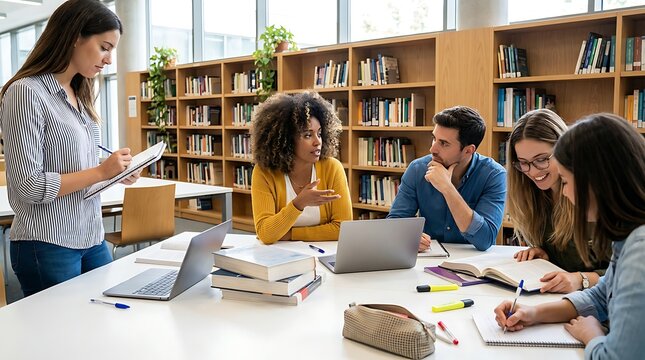 Diverse group of students collaborating and studying together at a large table in a library, engaging in discussion and learning.