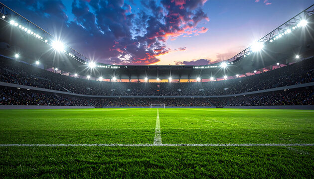 Soccer stadium at night illuminated field with spectators under dramatic sky