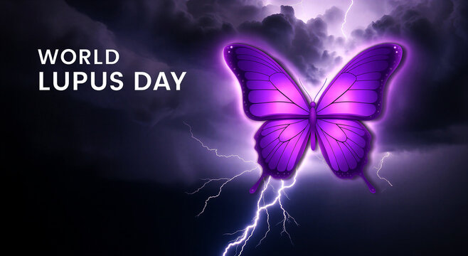 Vibrant glowing purple butterfly with lightning bolts illustrating world lupus day awareness concept