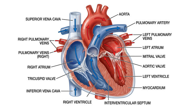 Anterior cutaway view of the human heart highlighting atria, ventricles, valves, myocardium, interventricular septum, pulmonary trunk, pulmonary arteries and veins, aorta and venae cavae with color‑co