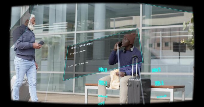 Seated male traveler checking trip on phone as passer approaching triggers teal UI overlaying them