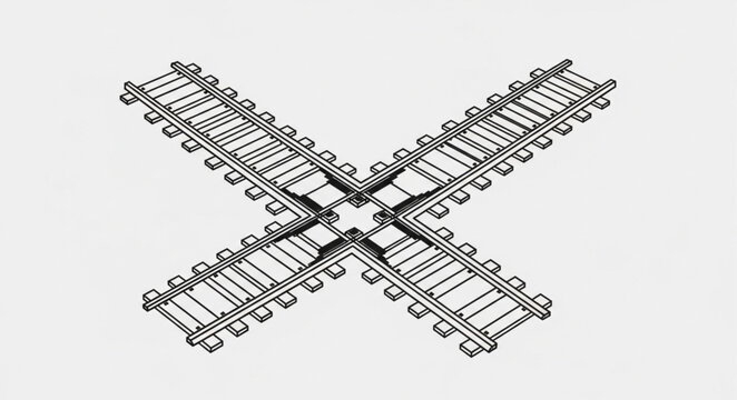 Railroad tracks crossing in an X shape on a plain background.