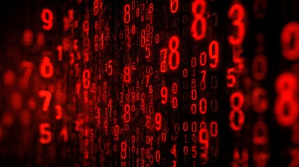Fototapeta premium A digital display of red numbers and codes on a dark background representing data and technology