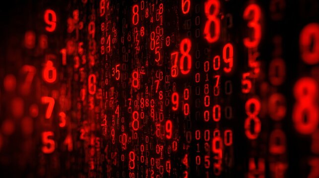 A digital display of red numbers and codes on a dark background representing data and technology