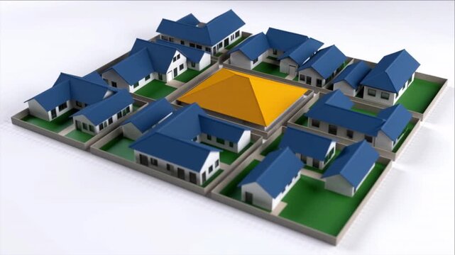 不動産投資のために町の模型へ組み込まれる金色の家