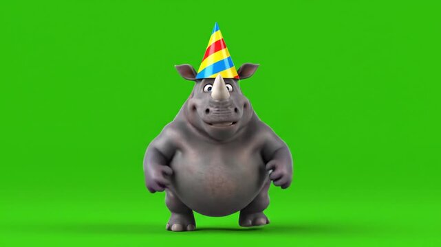Rhinoceros wearing party hat poses.