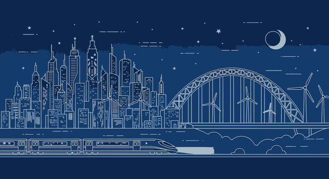 Vector Train traveling past a minimalist blue city skyline at night