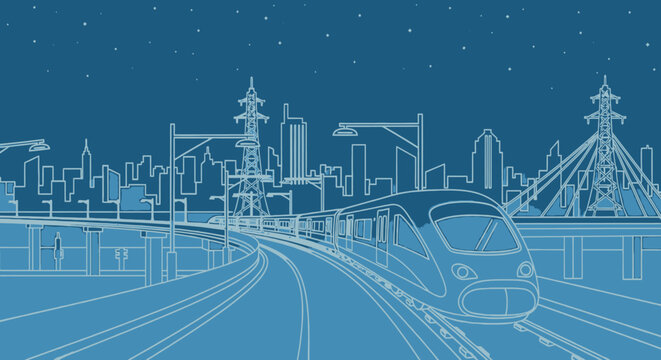 Modern Vector Train traveling through blue city night skyline