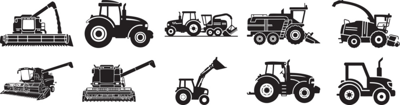 Agricultural machinery and tractor silhouette vector illustration with combine harvester agricultural machinery silhouette illustration industry silhouette vector illustration