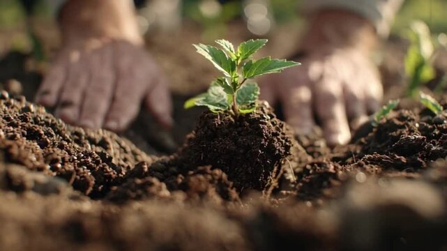 Hands planting a young tree sapling in a forest at golden hour