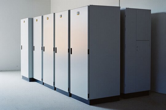Row of UPS battery cabinets in a bright modern electrical storage room