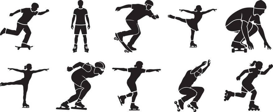 Skating silhouettes including roller skates ice skates inline skates silhouette vector illustration figure skating speed skating white background silhouette vector illustration