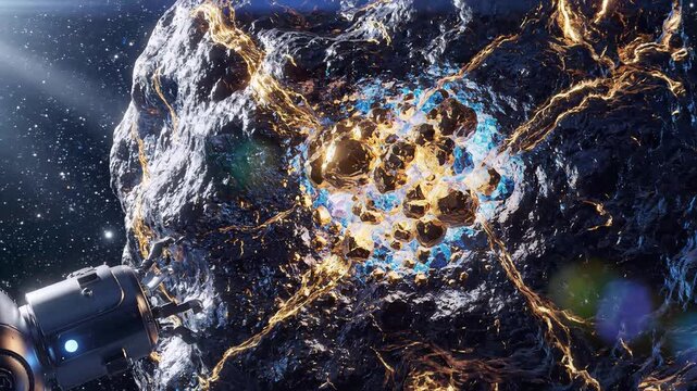 Sci-fi spacecraft exploring a glowing asteroid in deep space