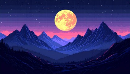 Obraz premium a full moon rises over a mountain range at dusk.